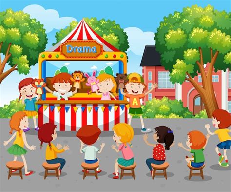 Free Vector | Children watching puppet show outside