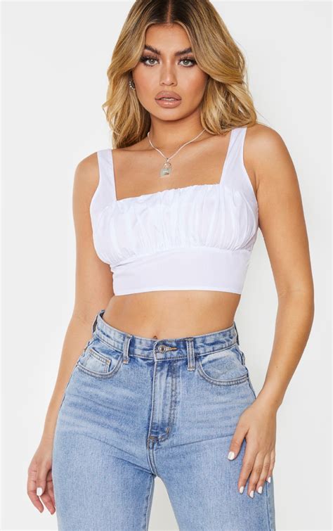 White Woven Ruched Bust Crop Top | Tops | PrettyLittleThing QA