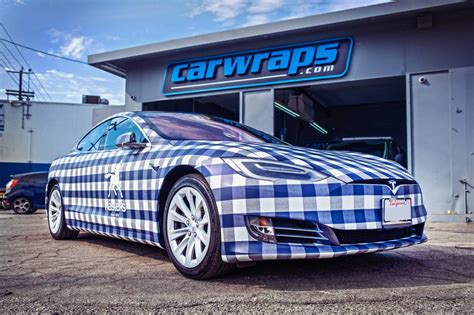 Blue White Plaid Tesla Model S Car Wrap - Carwraps.com