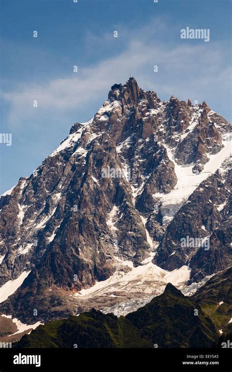 Aiguille du Midi summit with cable car station above Chamonix, Rhone ...