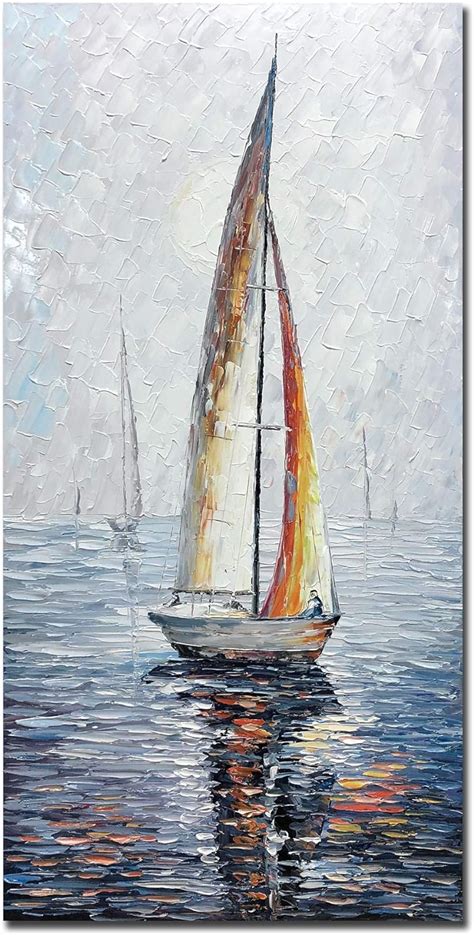 Amazon.com: V-inspire Art,24X48 Inch Modern Abstract Hand Painted Oil Paintings Sailing Boat On ...