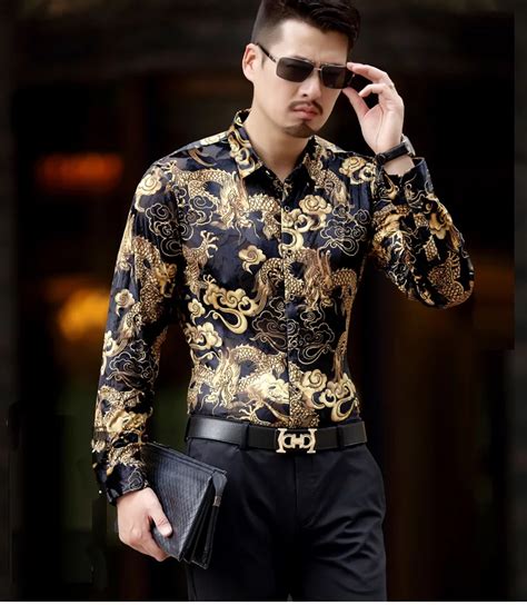 Top Fashion Mens Silk Shirts Men Casual Long Sleeve Dragon Print Design ...