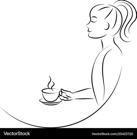 Line art woman drinking coffee Royalty Free Vector Image