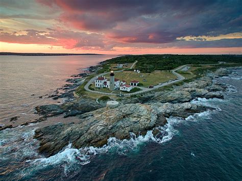 beavertail lighthouse, aerial lighthouse photography, drone sunset photo, rhode island coast ...