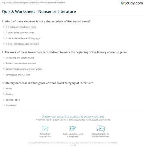 Quiz & Worksheet - Nonsense Literature | Study.com