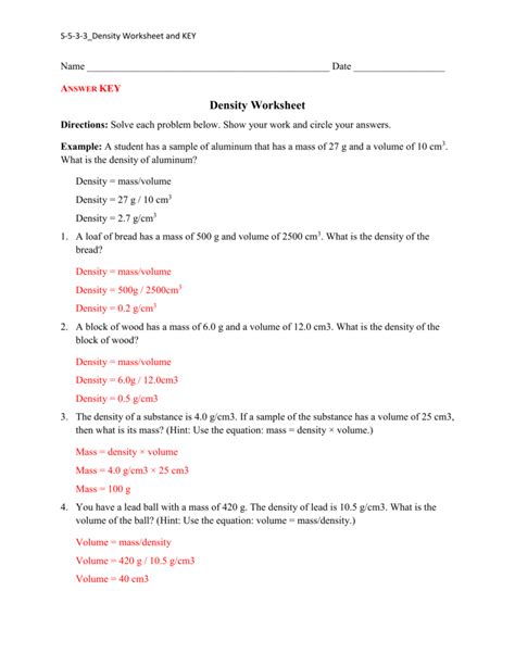 Density Calculations Worksheet 1 Answers