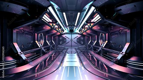 Sci-Fi space station corridor or dark specular futuristic spaceship interior. 3d illustration ...