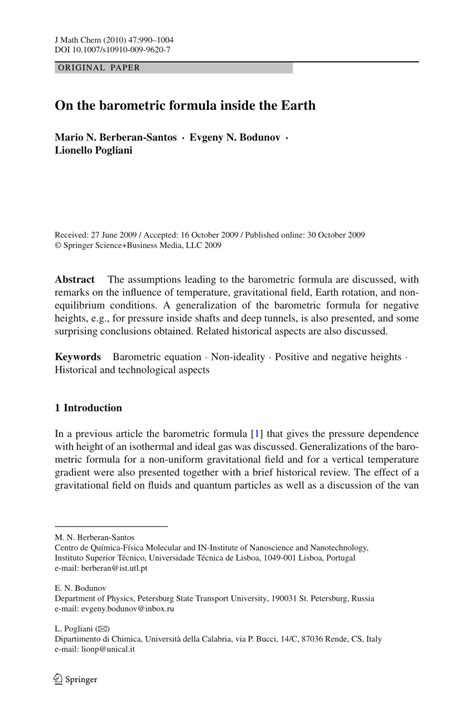 (PDF) On the barometric formula inside the Earth