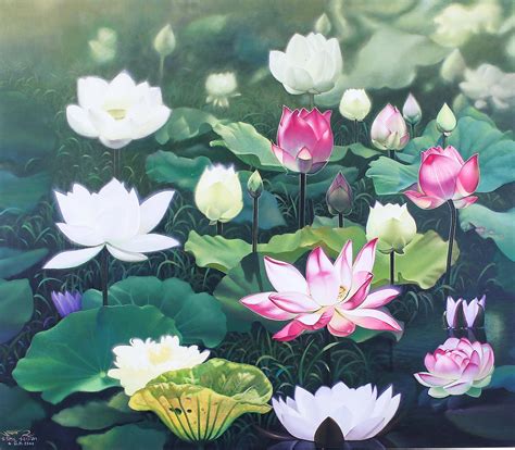 Realist Painting of Pink and White Lotus Flowers (2019) - Lotus at Dawn | NOVICA