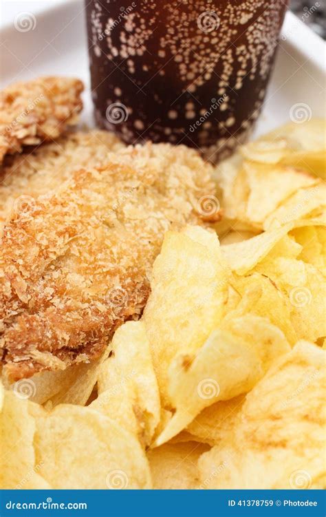 Fried Chicken with Potato Chips Stock Image - Image of salt, french: 41378759