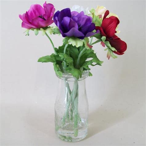 Artificial Flower Arrangements | Silk Anemones in Glass Milk Bottle Vase