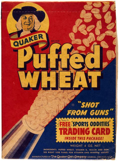 Hake's - QUAKER "PUFFED WHEAT" UNOPENED CEREAL BOX WITH "SPORTS ODDITIES TRADING CARD" OFFER.