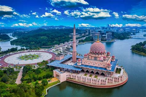 Premium Photo | Aerial view of putra mosque with putrajaya city centre ...