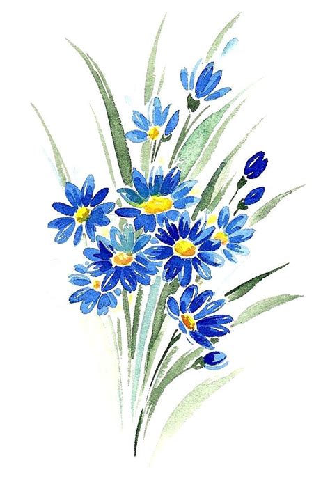 watercolor painting of blue flowers with green stems and yellow centers ...