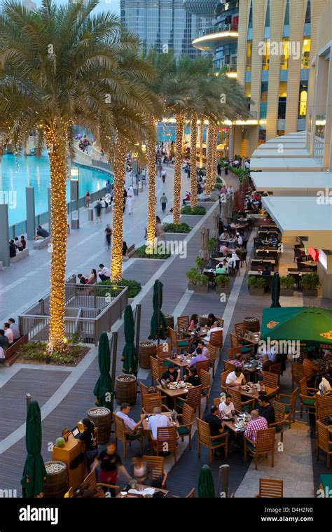 Restaurants near the Fountain, The Dubai Mall, Dubai, United Arab Stock Photo, Royalty Free ...