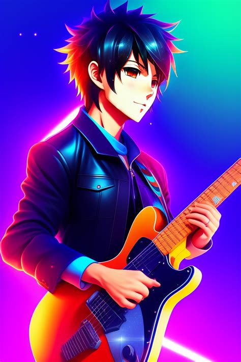 Lexica - Handsome boy, anime style, playing guitar in a gradient background with shining sparkles