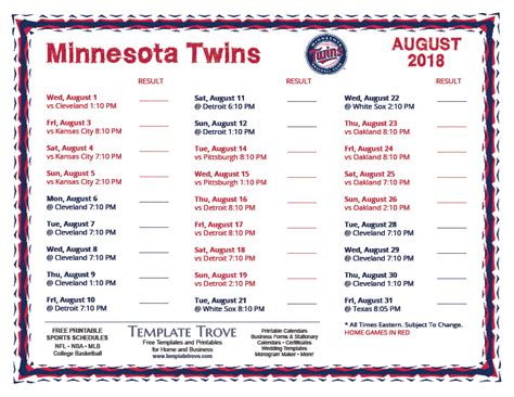 Printable 2018 Minnesota Twins Schedule