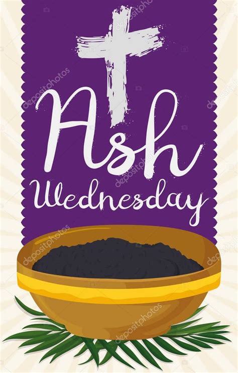 Ash Wednesday Design with Cross, Purple Stole, Bowl and Palms, Vector ...