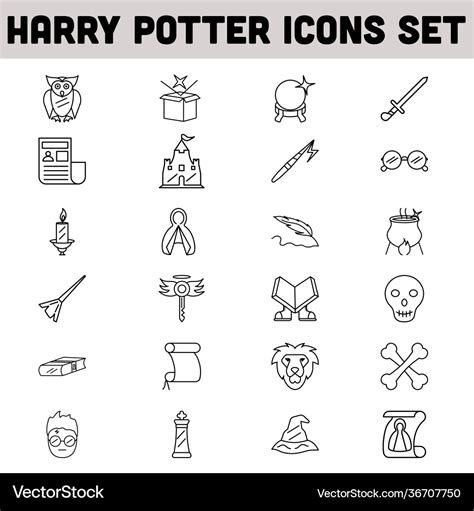 Harry potter icon set in black line art on white Vector Image