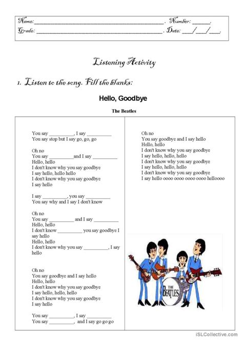 Hello, Goodbye ( The Beatles) song a…: English ESL worksheets pdf & doc