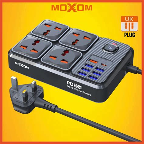 MOXOM MX-ST15 EXTENSION 4 POWER SOCKET + 7 USB + 1PD 20W USB C QC 18W FAST CHARGE POWER STRIP ...
