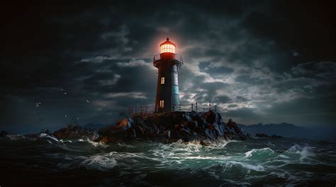 Free picture: Lighthouse light in darkness at night on ocean island