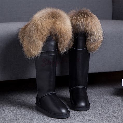 Luxury Women's Tall Fur Boots Winter Leather Over the Knee Boots