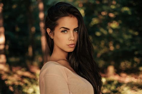 Wallpaper : brunette, women outdoors, forest, green eyes, long hair ...