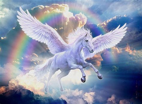 Pegasus, wings, painting, rainbow, horse, clouds, artwork, HD wallpaper | Peakpx