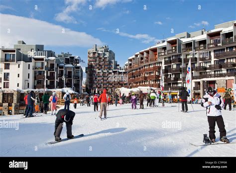 skiers and architecture, Tignes Val Claret, Savoie, Rhone-Alpes, France ...