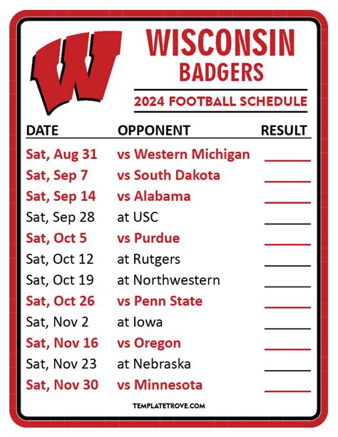 Printable 2024 Wisconsin Badgers Football Schedule