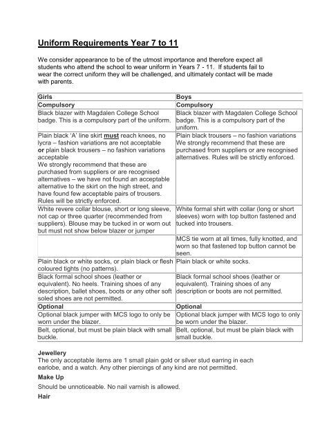 Uniform Requirements Year 7 to 11 - Magdalen College School