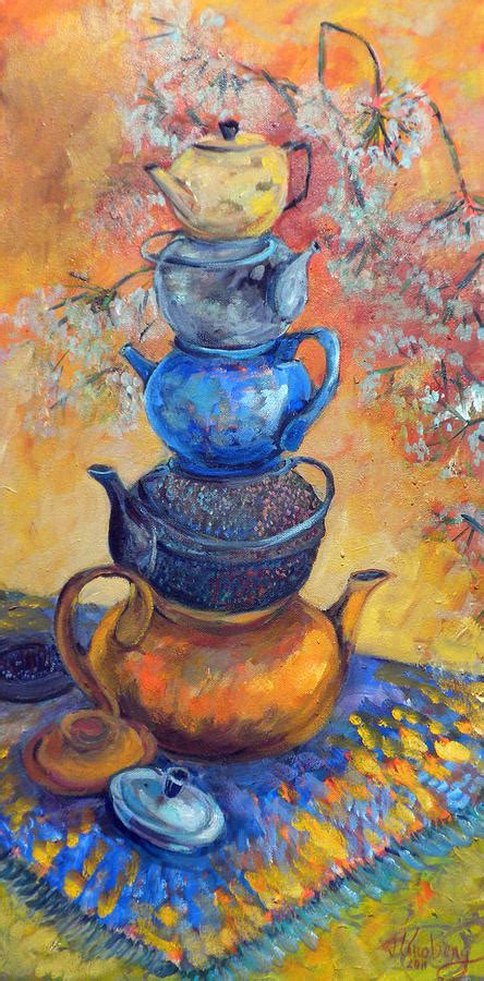 Five Teapots Painting by Jean Groberg