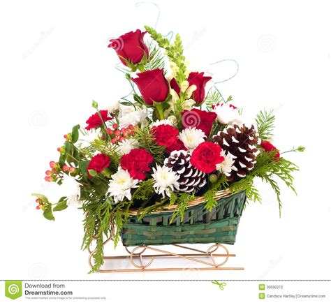 Christmas Bouquet of Flowers in Sleigh Basket Stock Photo - Image of ...