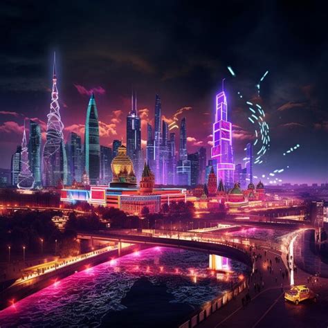 Premium AI Image | Neonlit Moscow Skyline at Night