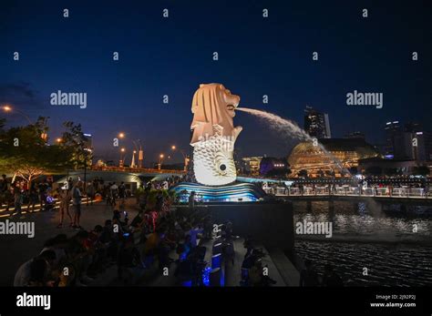 Merlion Park, a iconic statue in Singapore at Night. Merlion is a mythical creature with a lion ...