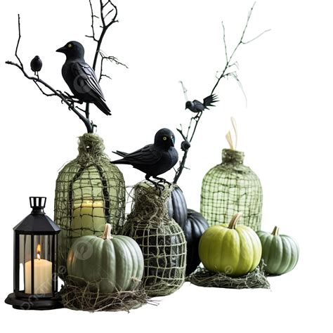 Halloween Decor With Green Pumpkins Cobwebs And Crows Indoors Vertical, Halloween Decorations ...