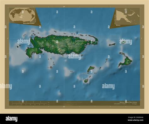 Manus, province of Papua New Guinea. Colored elevation map with lakes ...