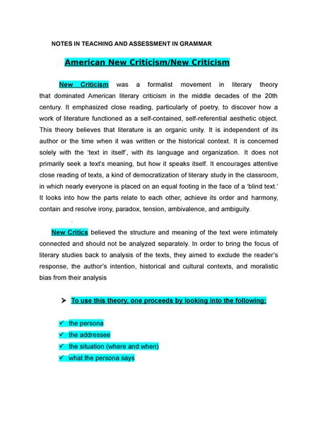 American New Criticism - NOTES IN TEACHING AND ASSESSMENT IN GRAMMAR American New Criticism/New ...