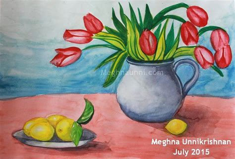 Flower Pot & Fruits Still Life Painting – Water Colour