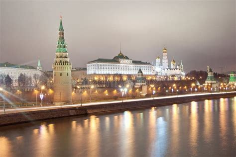 Moscow Kremlin at Night. Russia Stock Photo - Image of church, quay ...