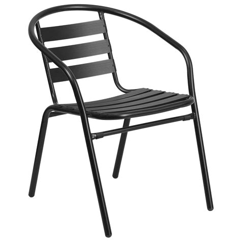 Black Aluminum Slat Chair TLH-017C-BK-GG | Stacking patio chairs, Patio dining chairs, Metal ...