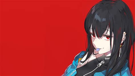 long hair, black hair, anime girls, red eyes, zipper, anime HD Wallpaper