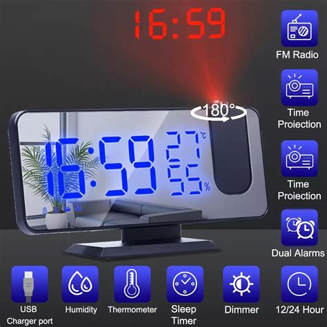 Electronic Alarm Clock with Projection FM Radio Time Projector Bedroom Bedside Mute Clock LED ...