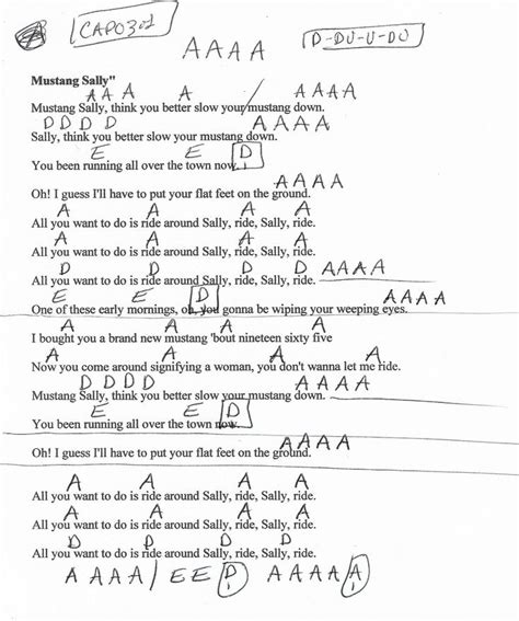 Mustang Sally (Wilson Pickett) Guitar Chord Chart - Capo 3rd