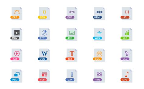 File Type Icons Set. Format and Extension of Documents. Set of eps, css, php, html, js, mov, ppt ...