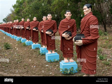 Row of statues of 500 Arahant disciples of Buddha at Win Sein, Mudon near Mawlamyine, Mon State ...