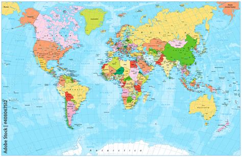 Detailed political world map with capitals, rivers and lakes Stock ...