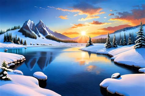 Premium Photo | A painting of a snowy mountain landscape with a sunset in the background.