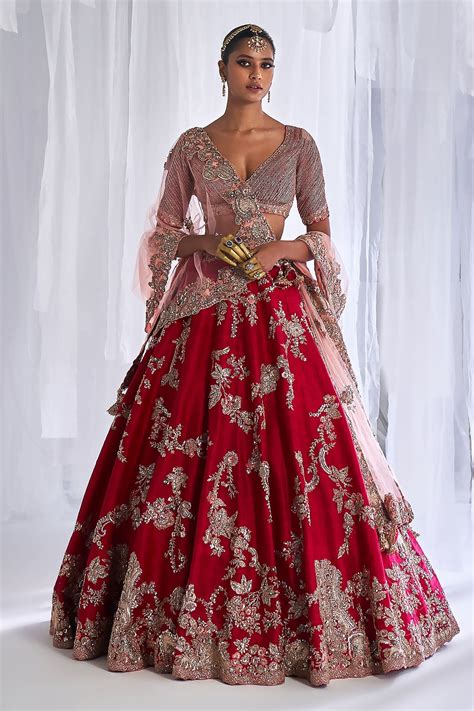 Buy Maroon Raw Silk Embroidery Gota V Neck Daisy Bridal Lehenga Set For Women by Dolly J Online ...